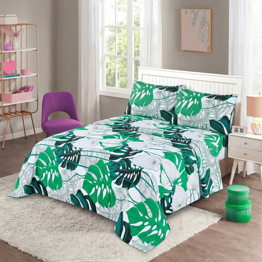 3 Pcs King Size 100% Cotton Bedsheet - Green & White Floral