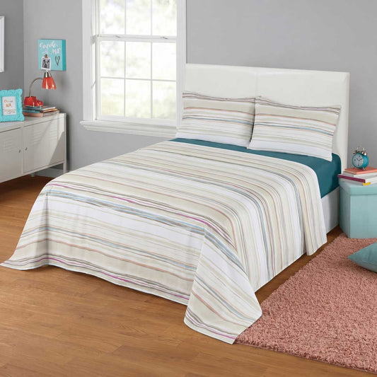 3 Pcs King Size 100% Cotton Bedsheet - Multi Stripes