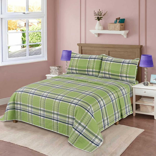 3 Pcs King Size 100% Cotton Bedsheet - Navy Green Plaid