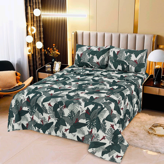 3 Pcs King Size 100% Cotton Bedsheet - Forest Green Leave
