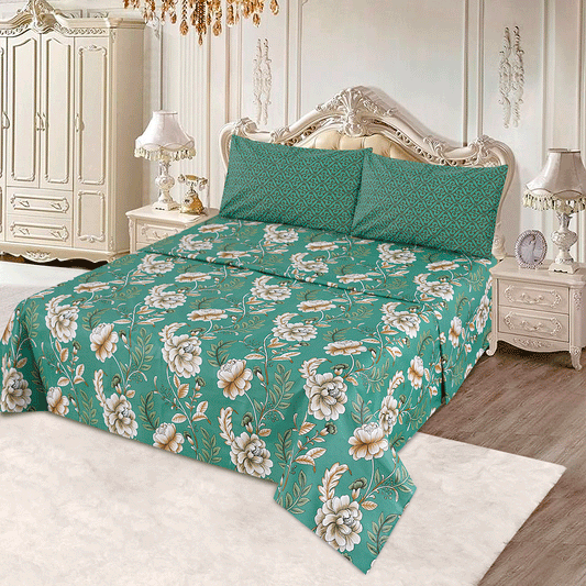 3 Pcs King Size Cotton Mix Bedsheet - Green Haven Bloom