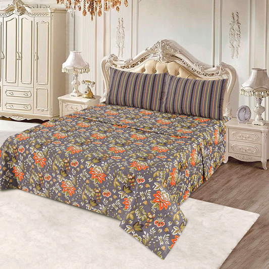 3 Pcs King Size Cotton Mix Bedsheet - Emerald Blossom Charm