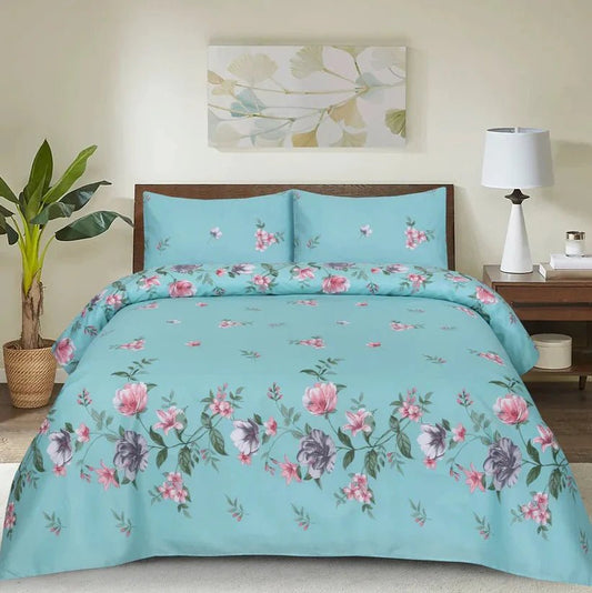 3 Pcs King Size Cotton Mix Bedsheet - Aqua Bloom