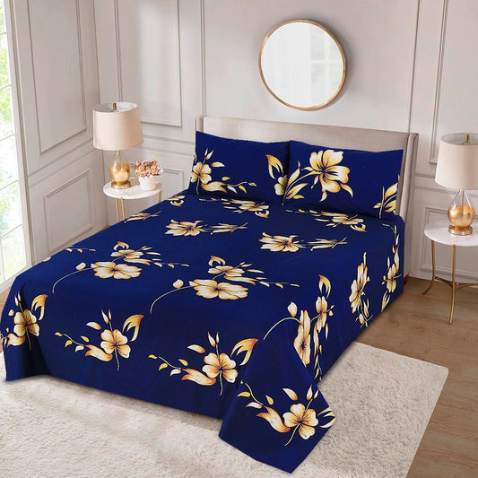 3 Pcs King Size 100% Cotton Bedsheet - Blue Flower