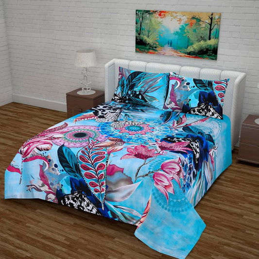 3 Pcs King Size 100% Cotton Panel Bedsheet - Butterfly