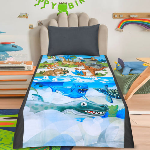 2 Pcs Single Size Cartoon Bedsheet - Dinosaur Land & Sea