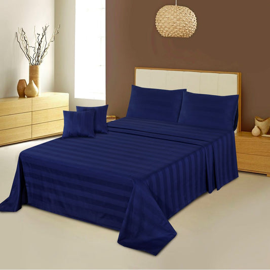 5 Pcs King Size 100% Cotton SATEEN STRIPE Bedsheet - Medieval Blue