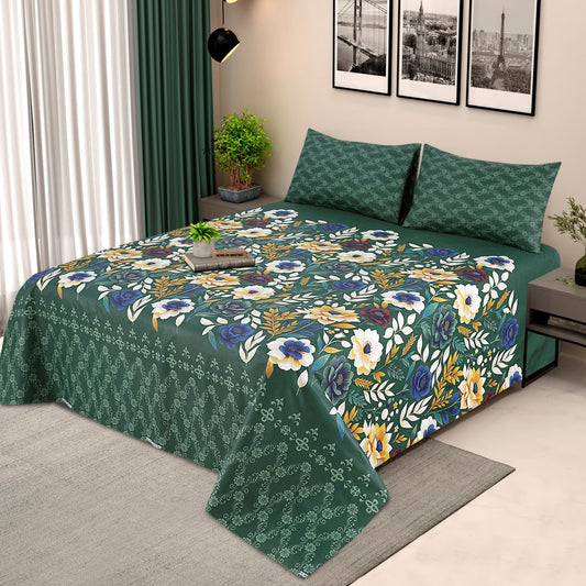3 Pcs King Size Cotton Mix Bedsheet - Green Floral