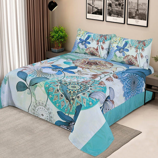 3 Pcs King Size 100% Cotton Panel Bedsheet - Green Gray Flower