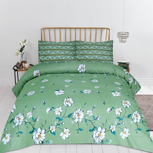 3 Pcs King Size Cotton Mix Bedsheet - Green Petals