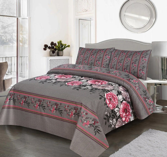 3 Pcs King Size Cotton Mix Bedsheet - Grey & Floral Theme