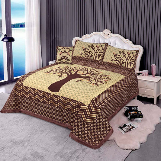 4 Pcs King Size Jacquard Velvet Bedsheet - Autumn Tree Chocolate