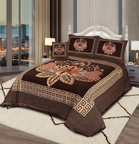 4 Pcs King Size Jacquard Velvet Bedsheet - Butterfly Chocolate