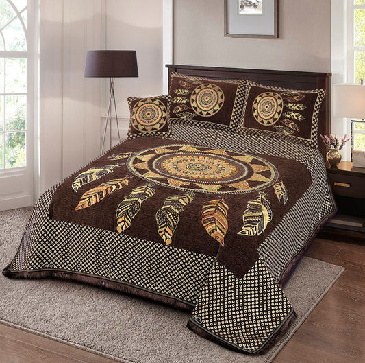 4 Pcs King Size Jacquard Velvet Bedsheet - Chikankari Chocolate