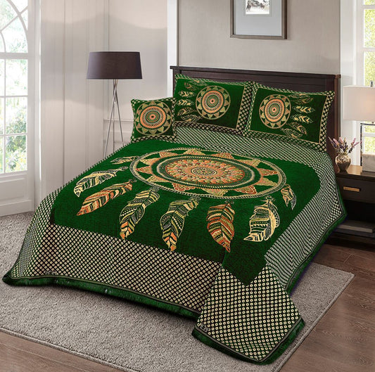 4 Pcs King Size Jacquard Velvet Bedsheet - Chikankari Forest Green