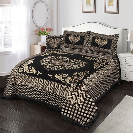 4 Pcs King Size Jacquard Velvet Bedsheet - Heart Black