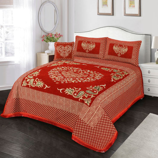 4 Pcs King Size Jacquard Velvet Bedsheet - Heart Red