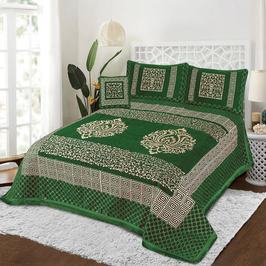 4 Pcs King Size Jacquard Velvet Bedsheet -Mandala Forest Green