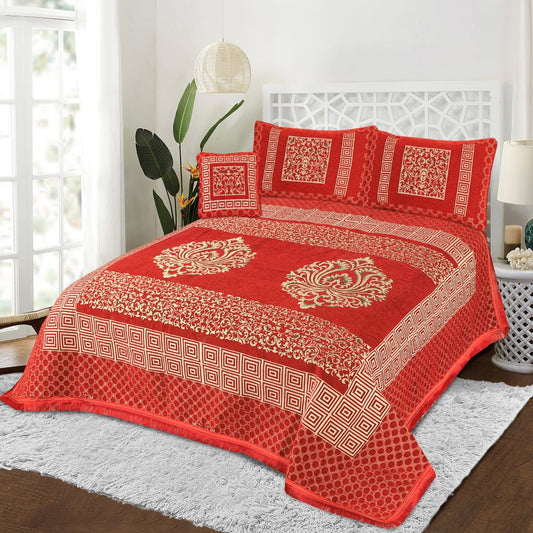 4 Pcs King Size Jacquard Velvet Bedsheet - Mandala Red