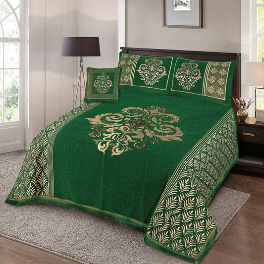 4 Pcs King Size Jacquard Velvet Bedsheet - Victorian Forest Green