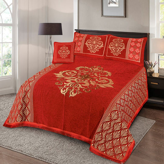 4 Pcs King Size Jacquard Velvet Bedsheet - Victorian Red