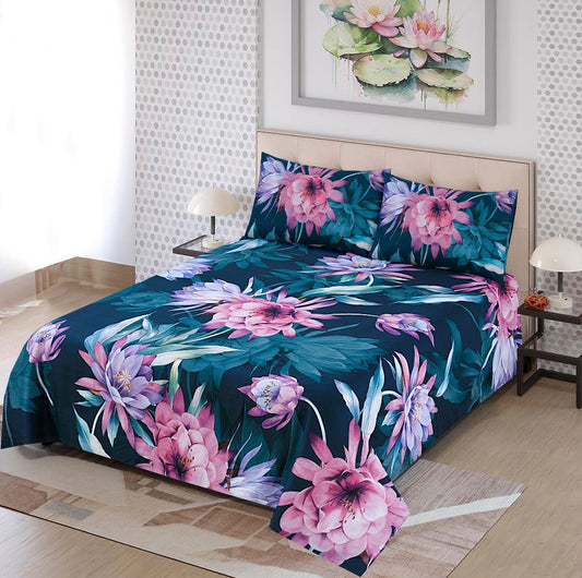 3 Pcs Queen Size 100% Cotton Panel Bedsheet - Lotus Flower