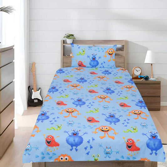 2 Pcs Single Size Cartoon Bedsheet - Monster Party