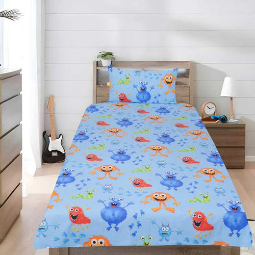 2 Pcs Single Size Cartoon Bedsheet - Monster Party