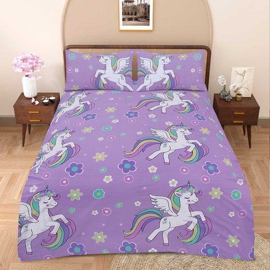 3 Pcs King Size Cartoon Bedsheet - Purple Unicorn Dream ( Glow in Dark)