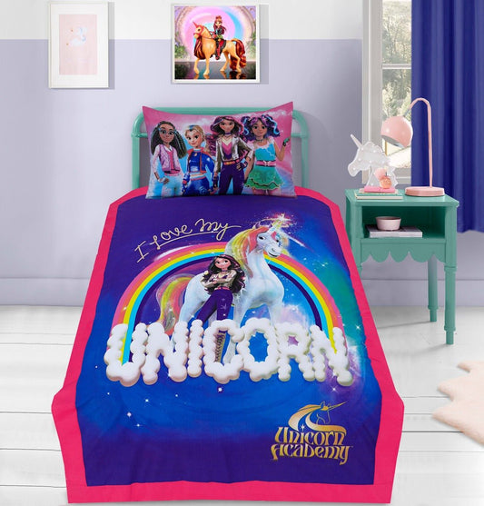 2 Pcs Single Size Cartoon Bedsheet - Rainbow Unicorn