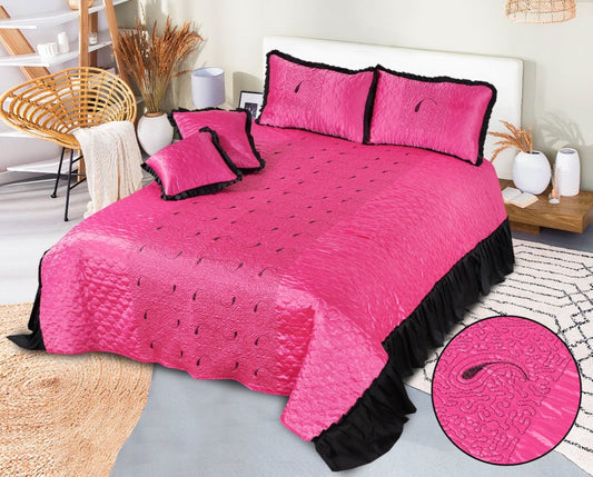 5 Pcs King Size Silk Quilted Frilled Bedsheet - Fuscia