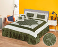 5 Pcs King Size Silk Quilted Frilled Bedsheet - Green & White