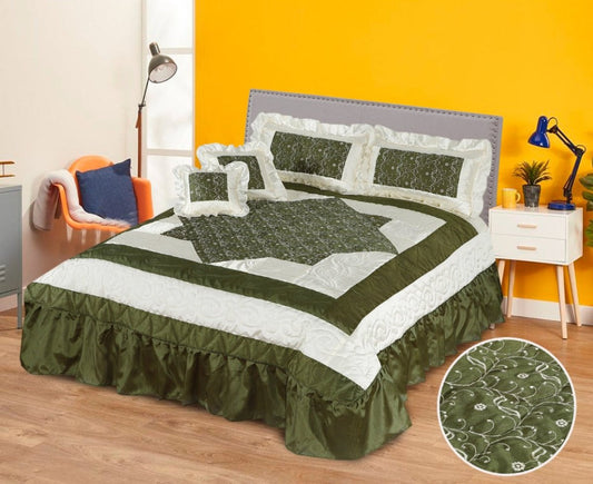 5 Pcs King Size Silk Quilted Frilled Bedsheet - Green & White