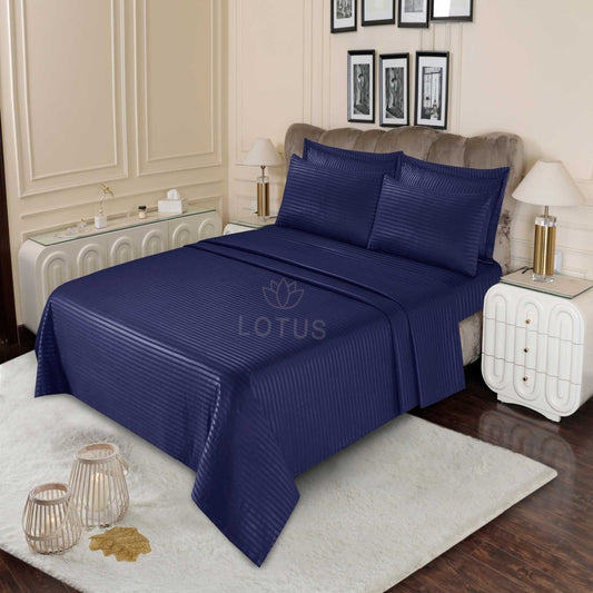 3 Pcs King Size Stripe Bedsheet - Navy