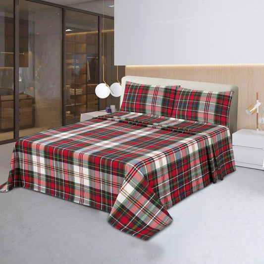 3 Pcs King Size 100% Cotton Yarn Dyed Bedsheet - Red Green Plaid